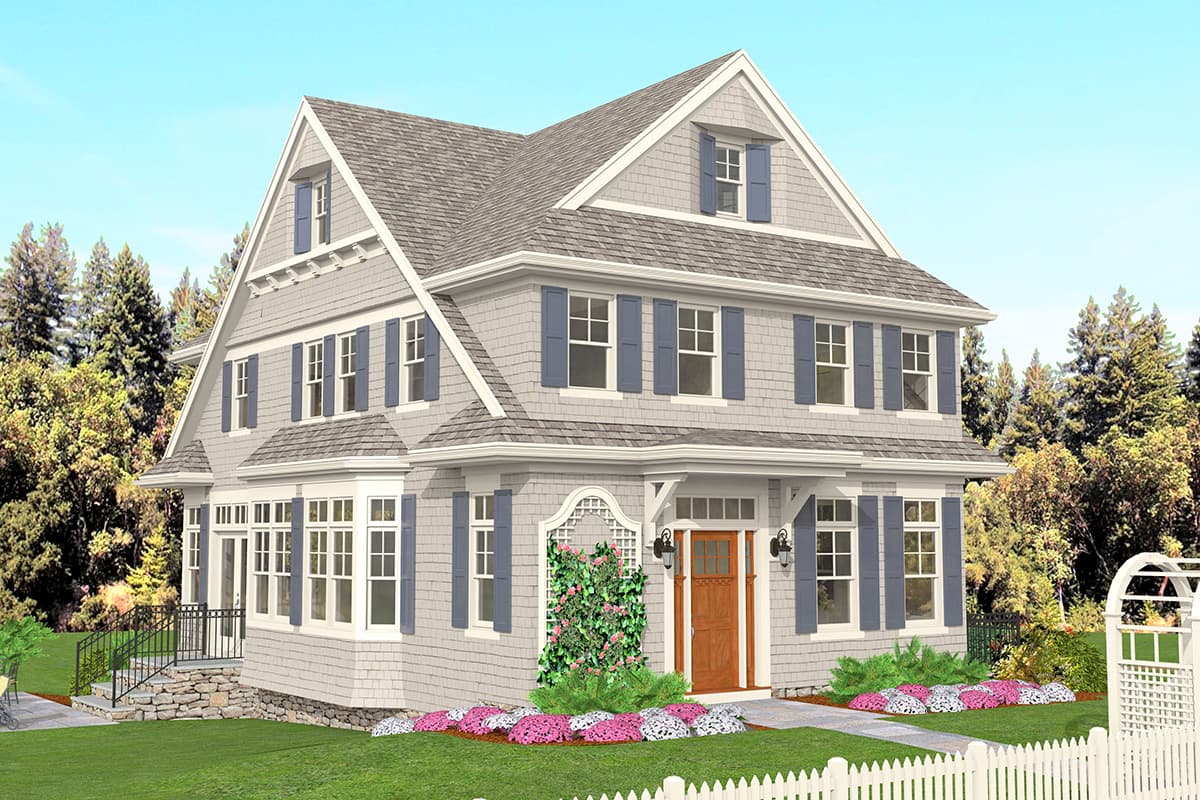 House plan exterior: Three-story home with multiple gables, dormers, bay windows, and a covered entry.