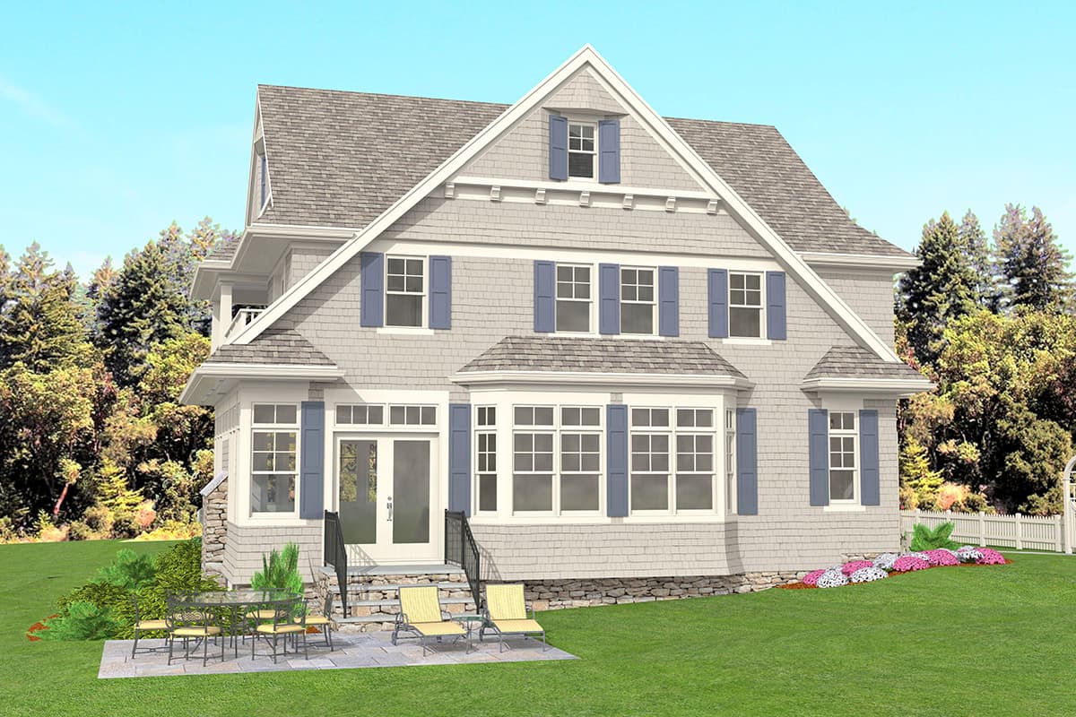 House plan exterior with gables, multiple dormers, bay window, and a covered porch entry. Shingle siding and blue shutters.