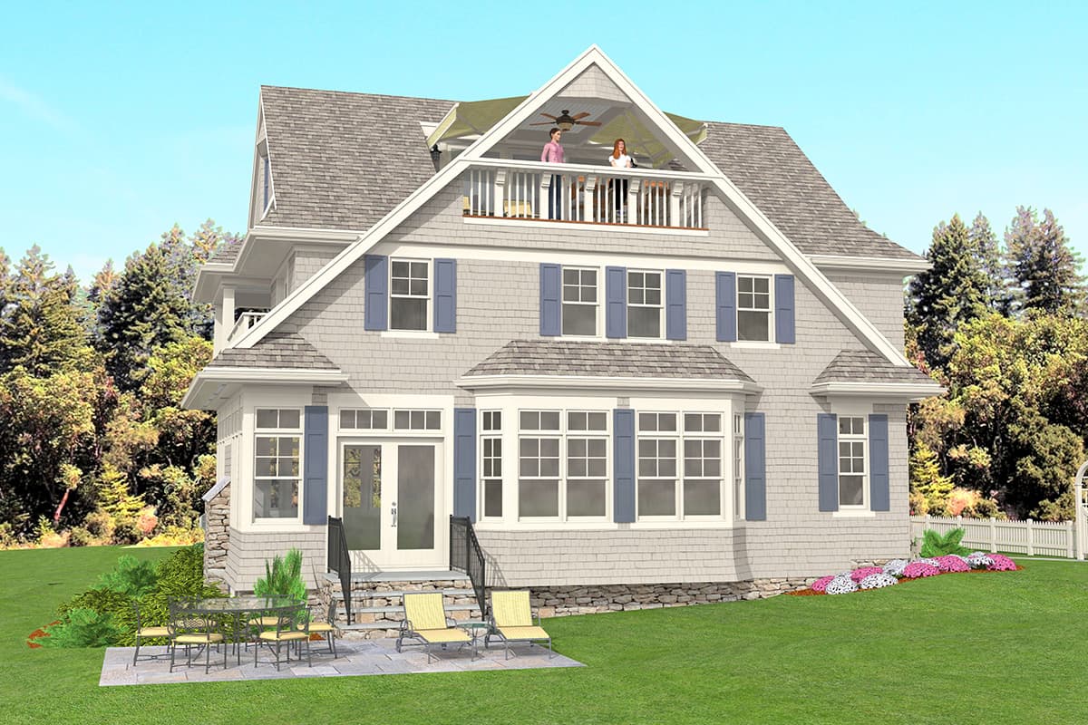 House plan exterior, traditional style, multiple stories, with gables, dormers, bay window, and upper-level balcony.