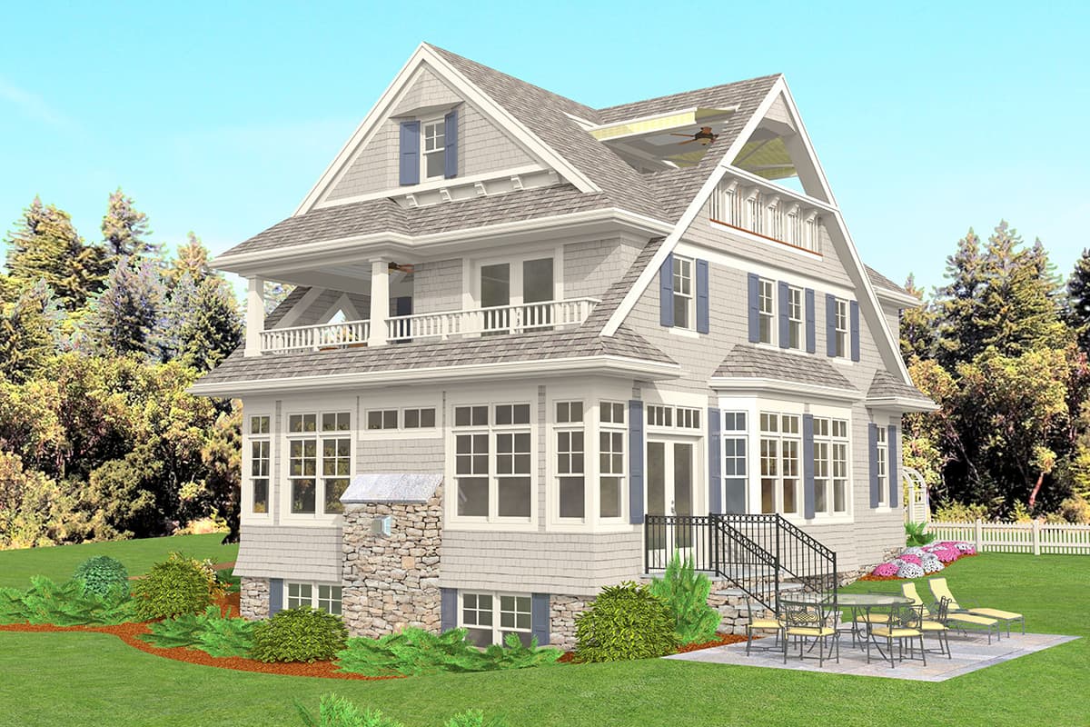 House plan exterior for a three-story Shingle style home with a wraparound porch, multiple gables, dormers, and a stone foundation.