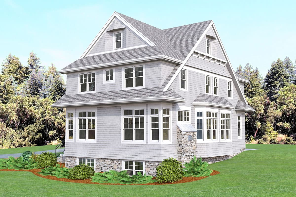 House plan exterior: three-story shingle-clad home with multiple gables, dormers, bay windows, and stone foundation.