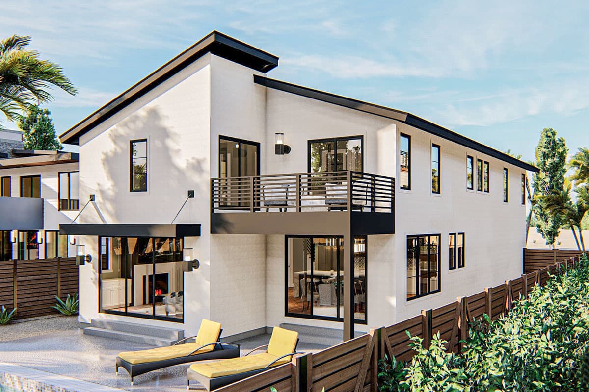 Two-story modern house plan exterior with stucco finish, flat roof, second-story balcony, and large windows.