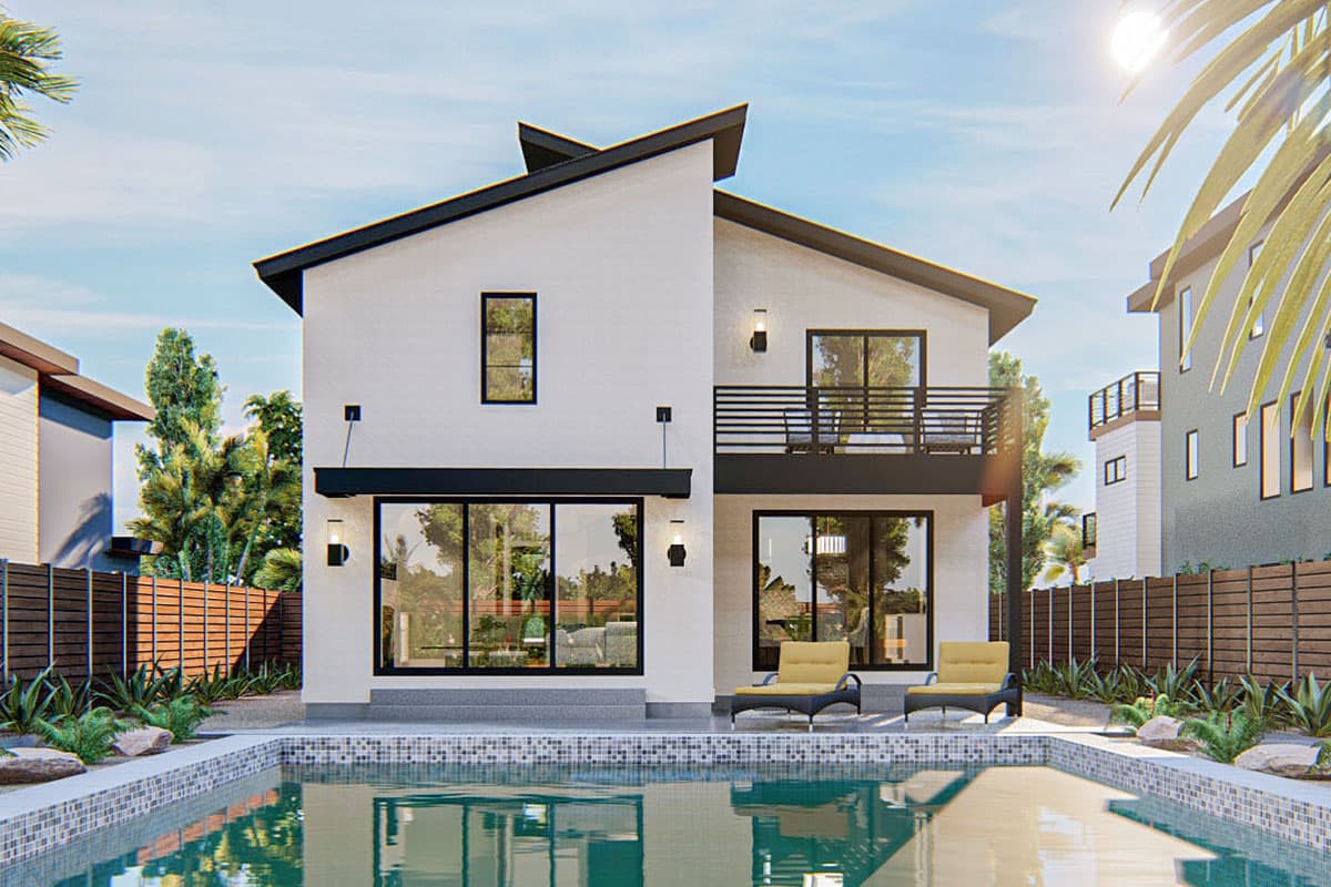 Modern two-story house plan exterior with stucco finish, asymmetric roofline, balcony, and large sliding glass doors.