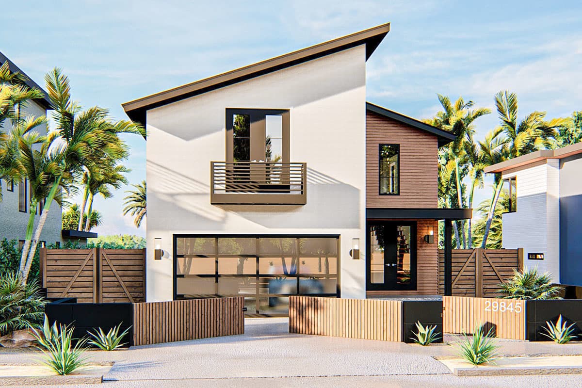 House plan exterior with modern design. Features include a two-story structure, a flat roof, a balcony, and a garage with a glass door.