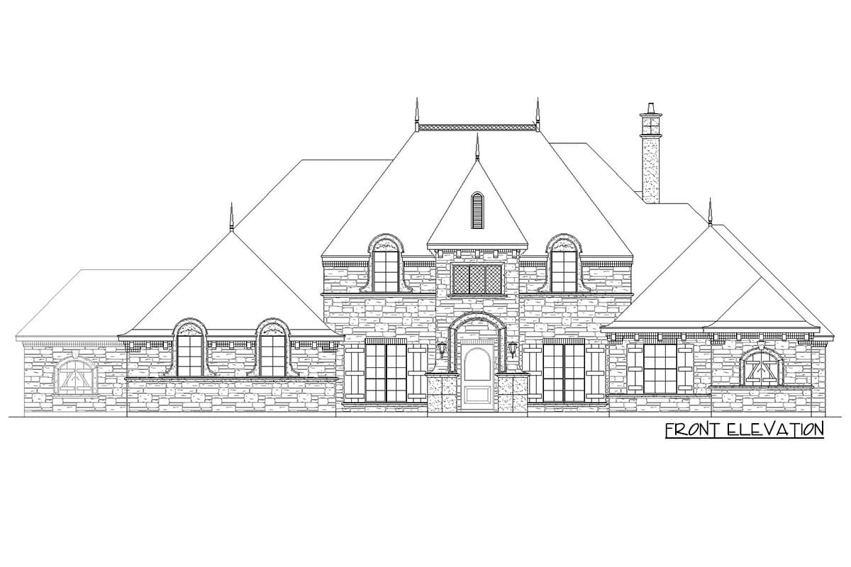 Front elevation drawing of a stone house with mansard roof, arched windows, dormers, and a central arched entryway.