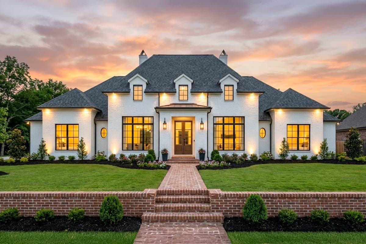 A large, white brick home with dark-framed windows sits beneath a dusk sky. A brick path leads to the front door, with neat landscaping.