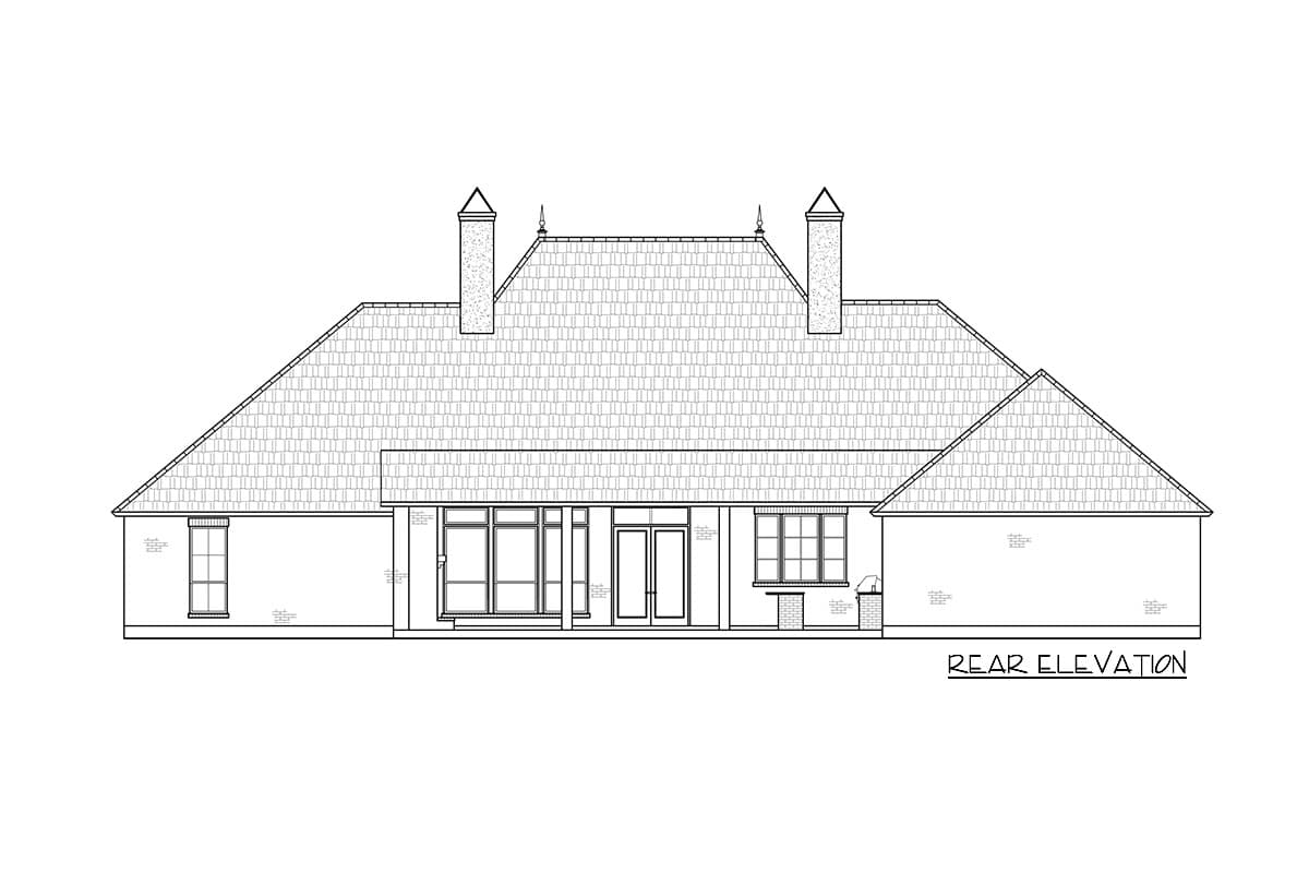 Rear elevation house plan showing a single-story structure with a hip roof, two chimneys, multiple windows, and double doors.