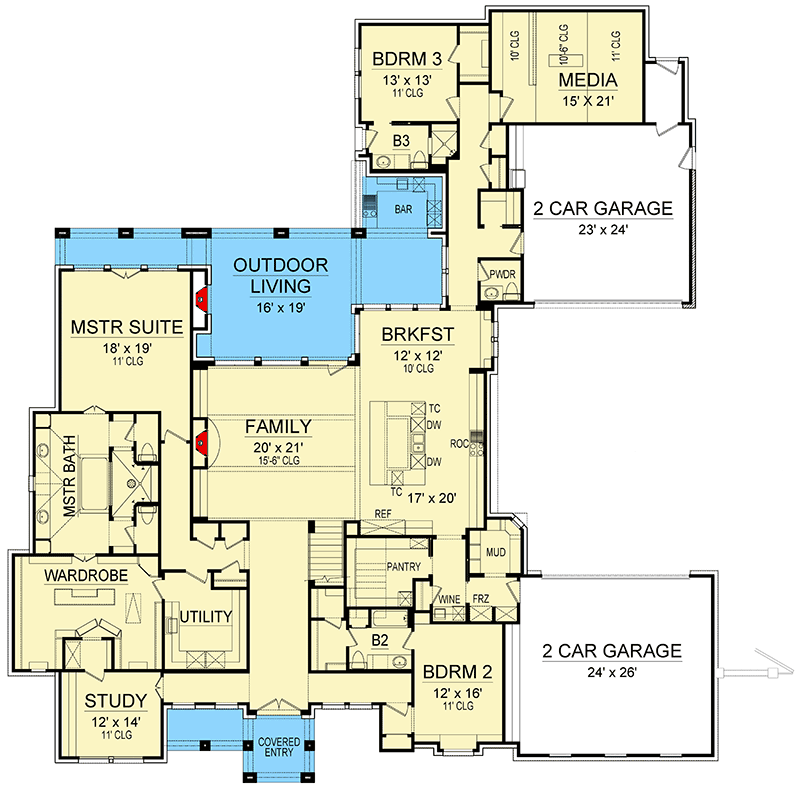 Plan 36602TX: Spacious 5-Bed House Plan with Parking Courtyard - 5443 Sq Ft - Floor Plan - Main Level - European, Mediterranean, Spanish, Tuscan