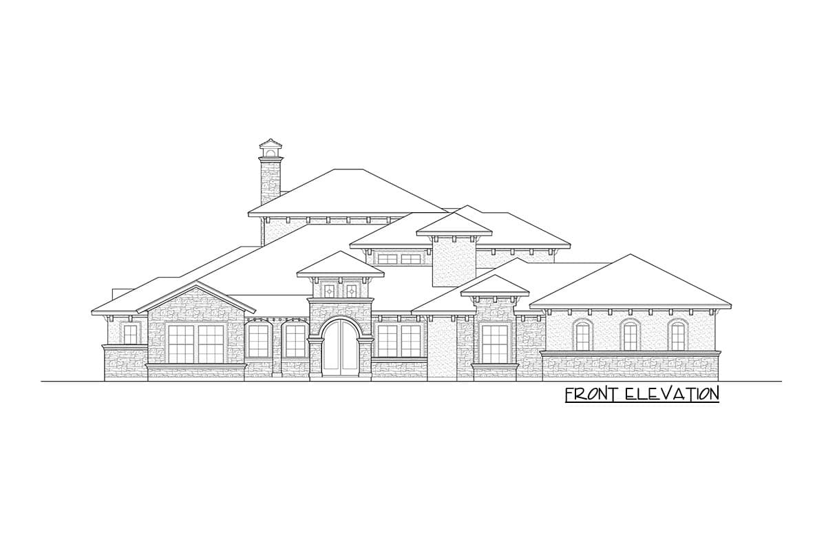 Front elevation drawing of a large house with stone exterior, arched entry, multiple gables, and a prominent chimney.