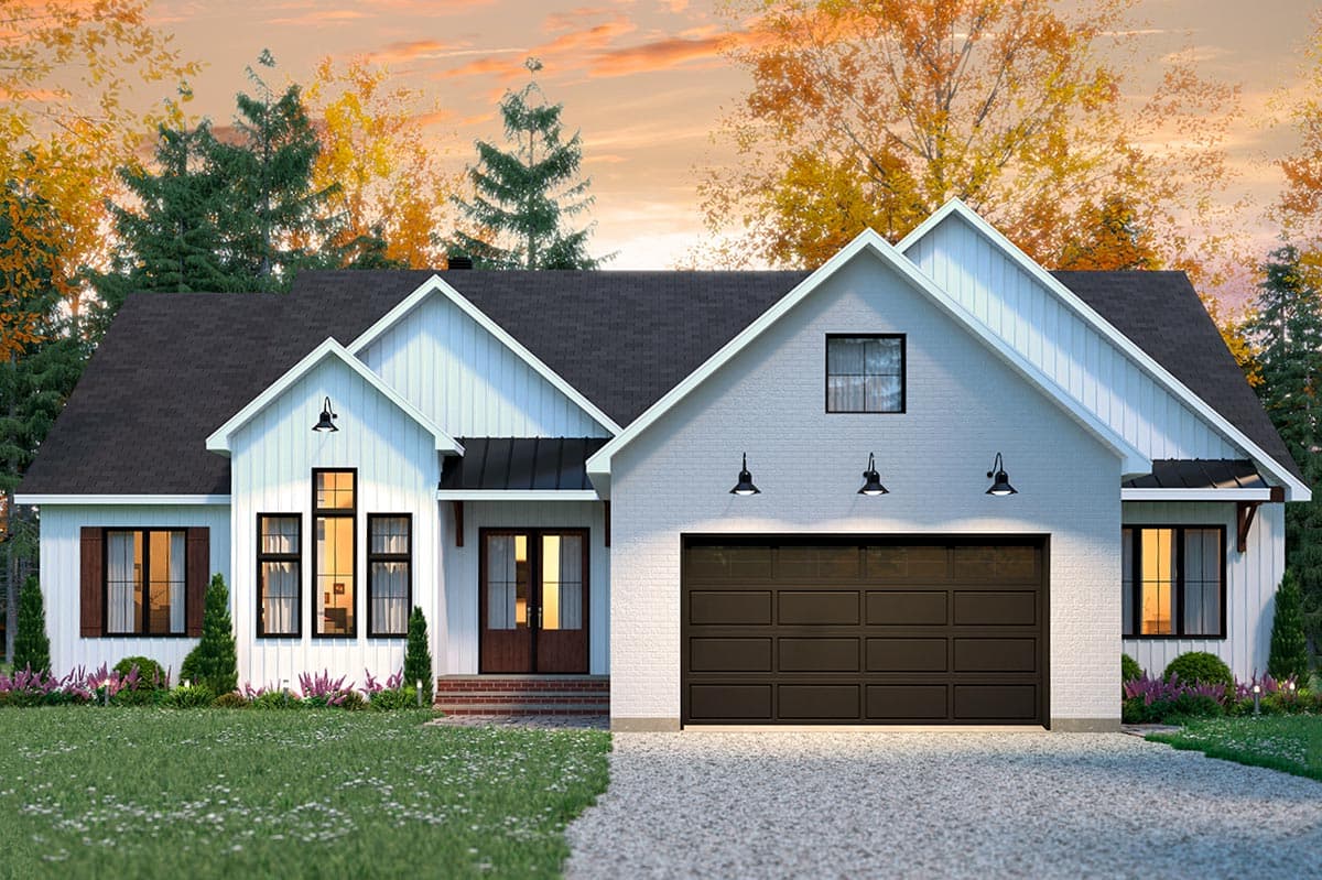 Modern Farmhouse house plan exterior with gables, board-and-batten siding, and attached two-car garage.