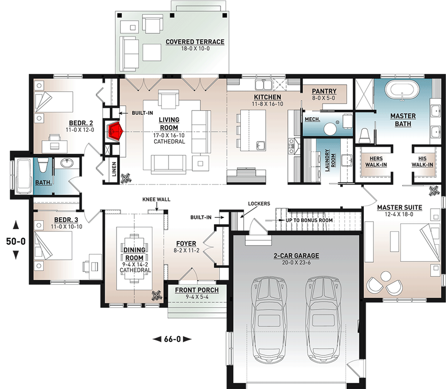 Plan 22571DR: Split Bedroom New American House Plan with 2-Car Garage - Floor Plan - Main Level - Country, Craftsman, Modern Farmhouse, New American, Ranch