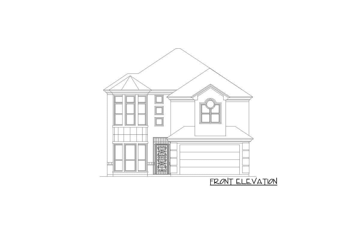 Front elevation drawing of a two-story house with bay windows, decorative metalwork, and a two-car garage.