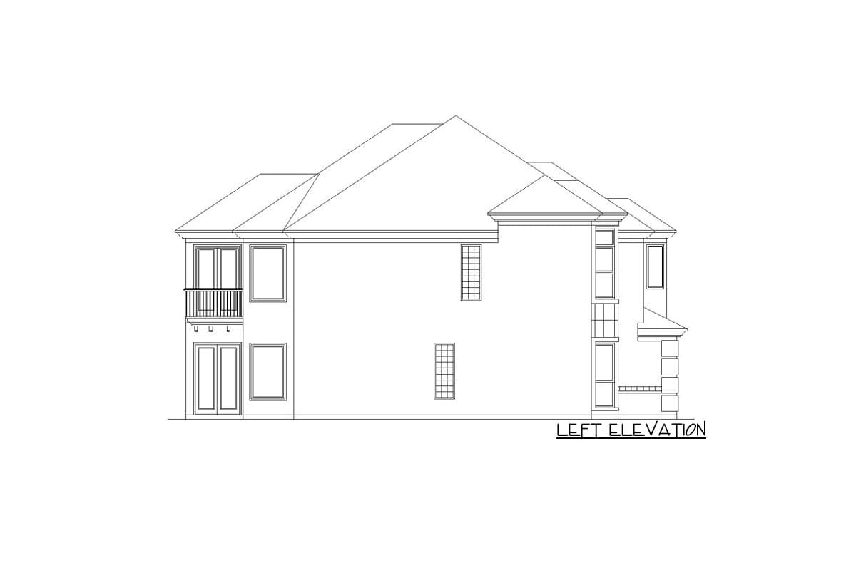 Left elevation drawing of a two-story house with a balcony, multiple windows, and varied rooflines.