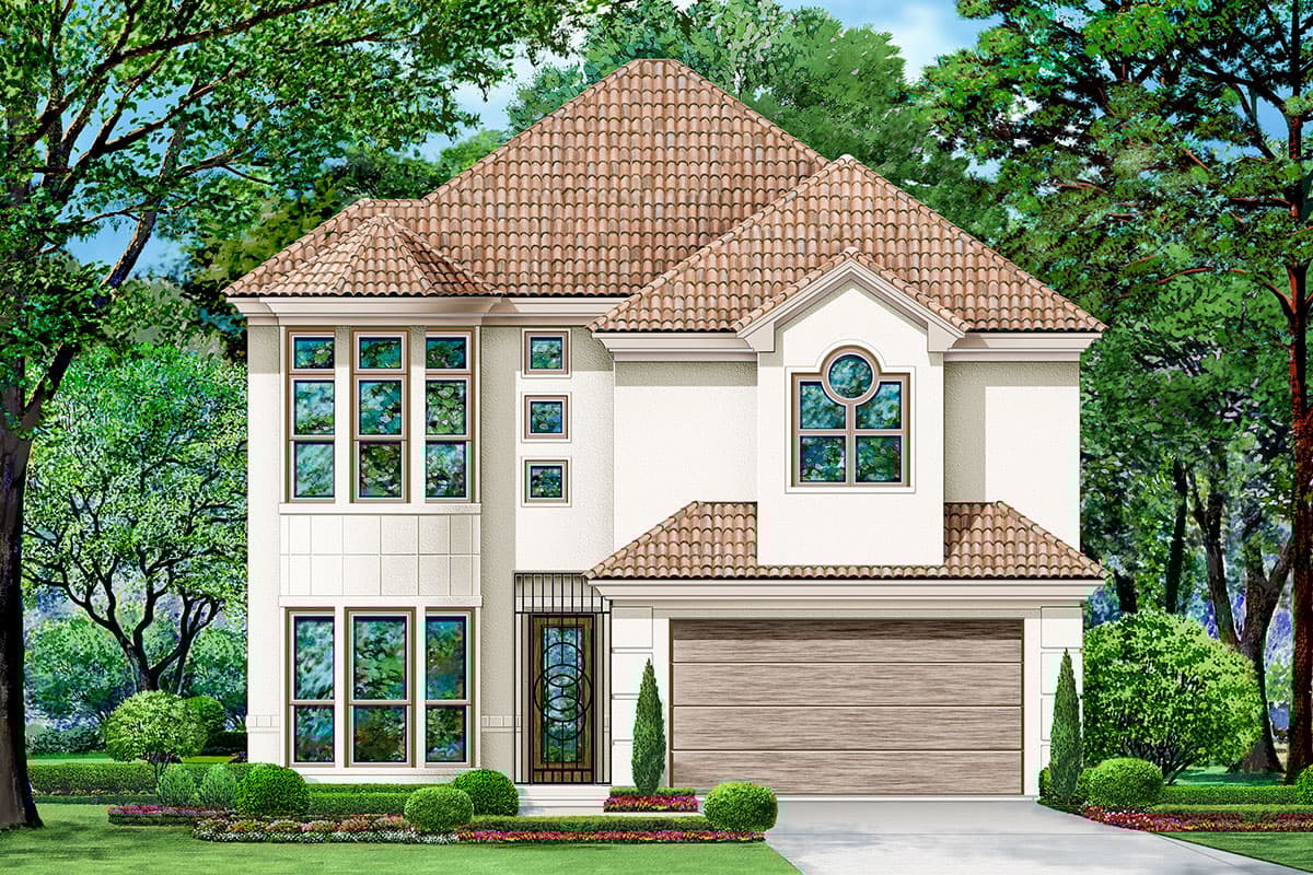 Two-story house plan exterior with tile roof, arched windows, and a front-entry garage. Features include arched door and side-entry windows.