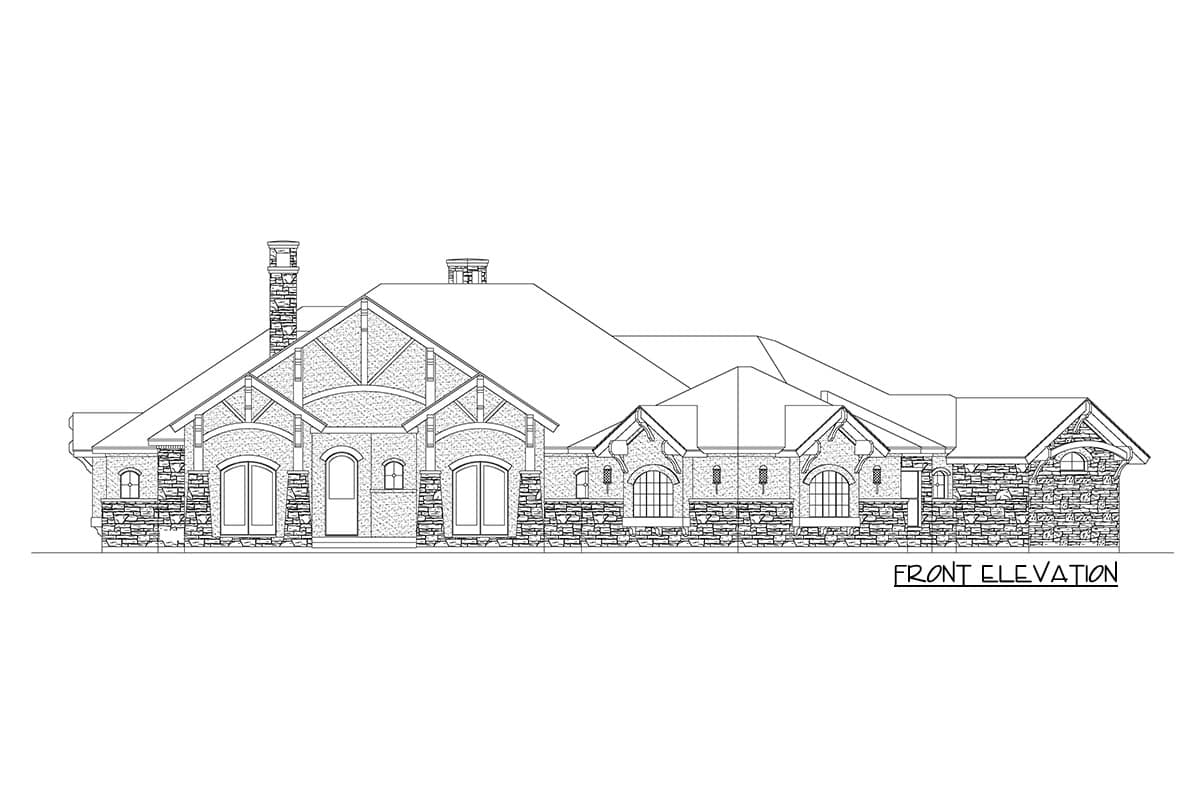 Front elevation drawing of a one-story house with stone exterior, multiple gables, arched windows, and prominent stone chimney.