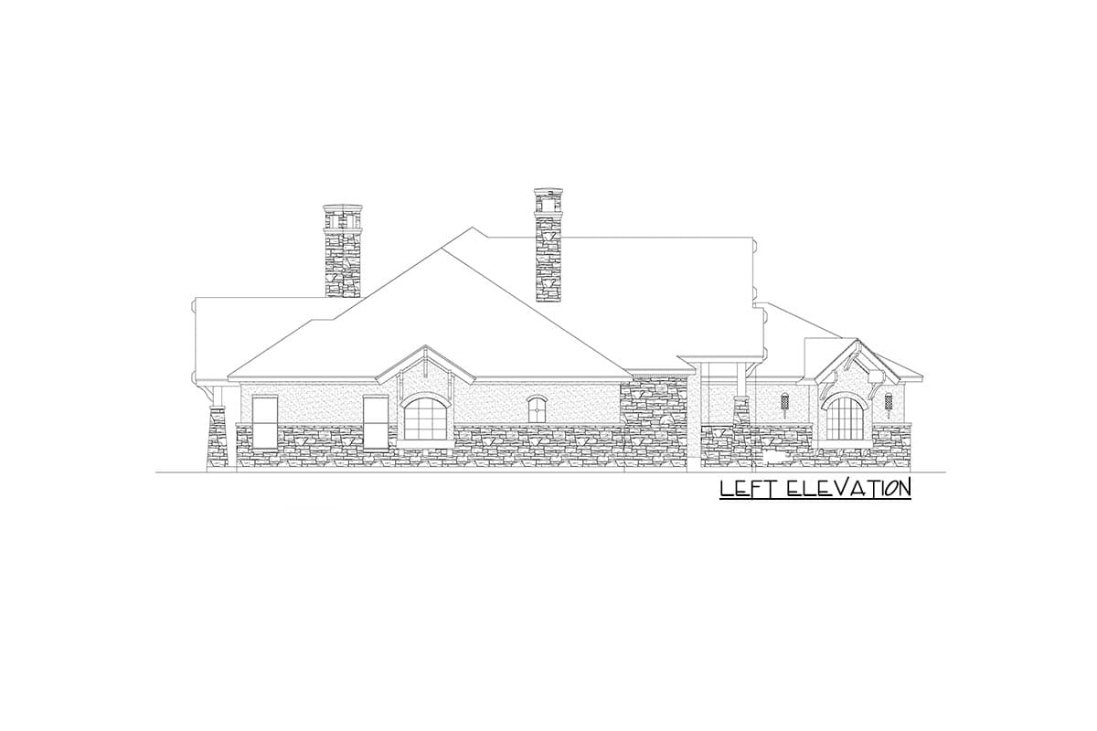 Left elevation house plan with stone exterior, multiple gables, and prominent chimneys.
