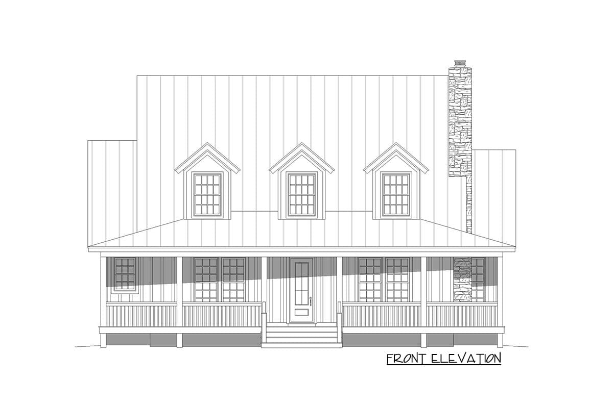 Front elevation house plan with a wraparound porch, three dormer windows, and a stone chimney.