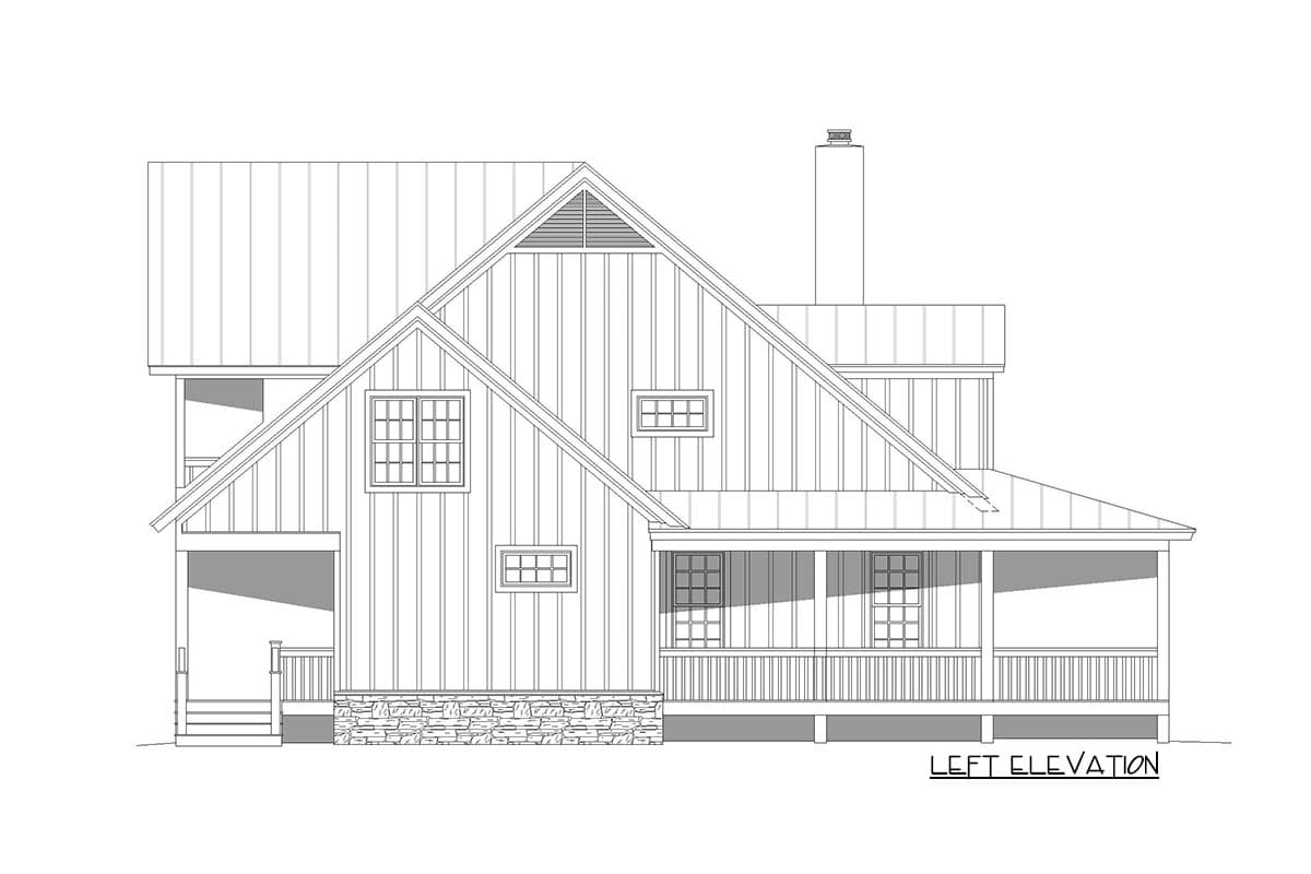 Left elevation drawing of a house plan featuring a gabled roof, stone foundation, porch, and multiple windows.