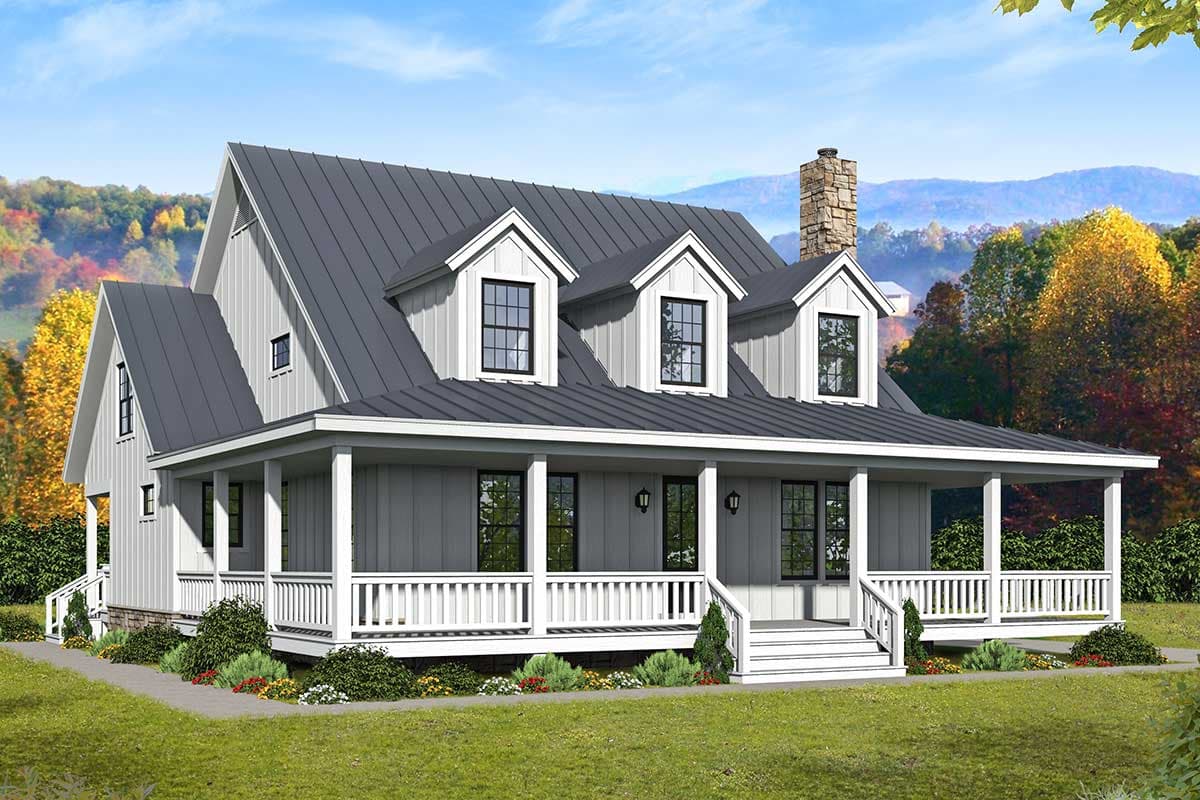 House plan exterior. Farmhouse style with a wrap-around porch, three dormers, a gable roof, and a stone chimney.