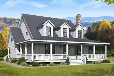 Country Farmhouse Plan with Wraparound Porch and a Vaulted Second Floor Balcony
