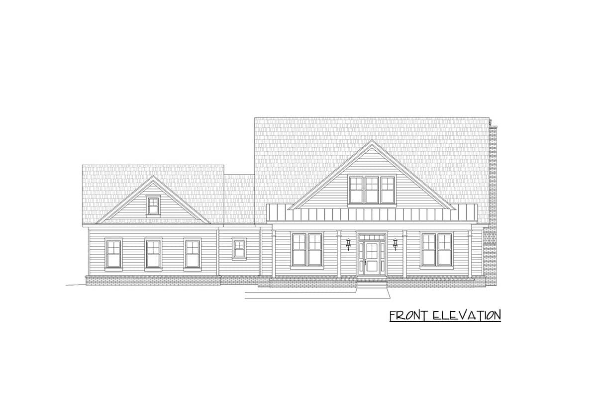 Front elevation drawing of a two-story house plan with a covered porch, gables, and dormers.