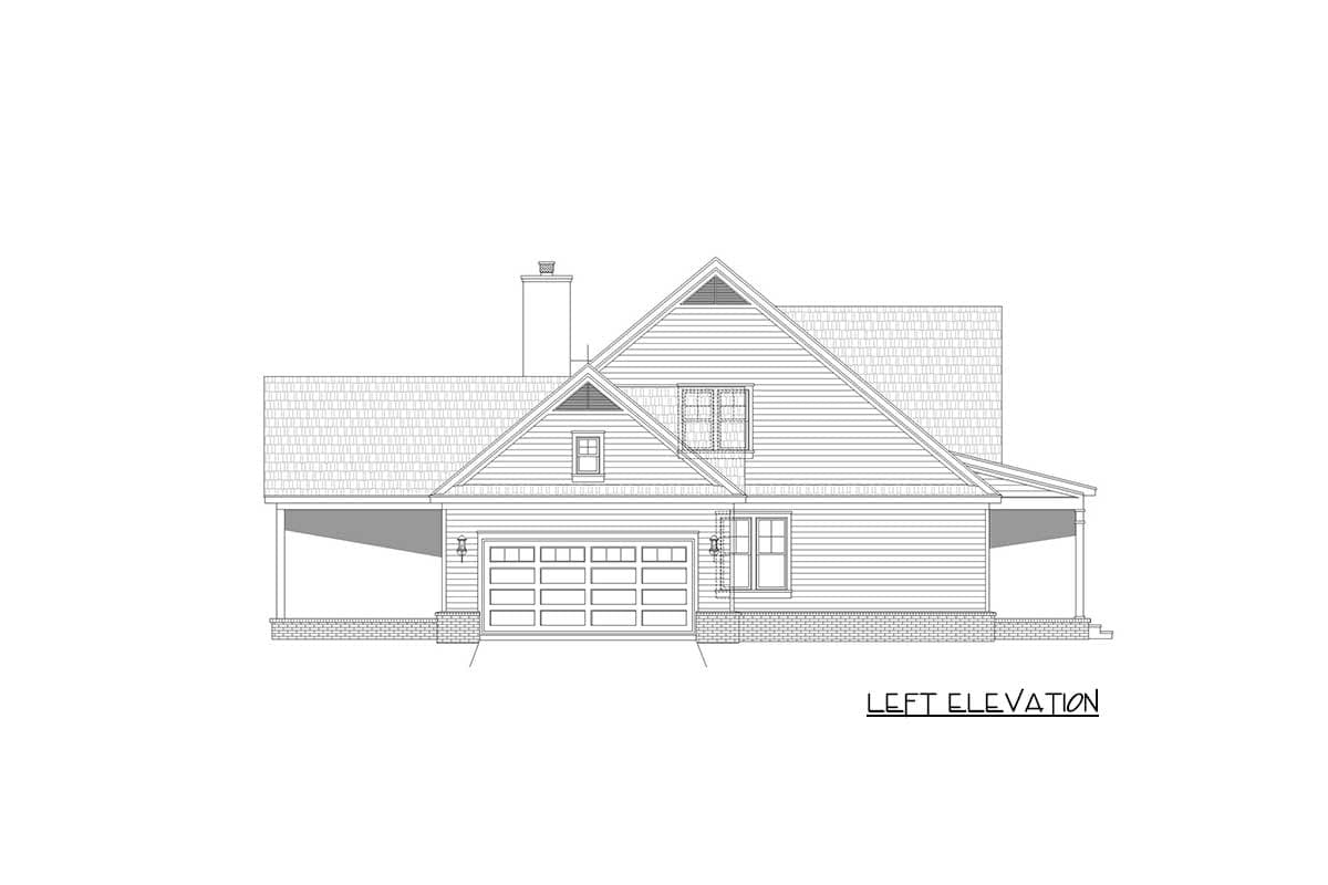 Left elevation drawing of a house plan featuring a prominent gable, dormer, siding, and a two-car garage.