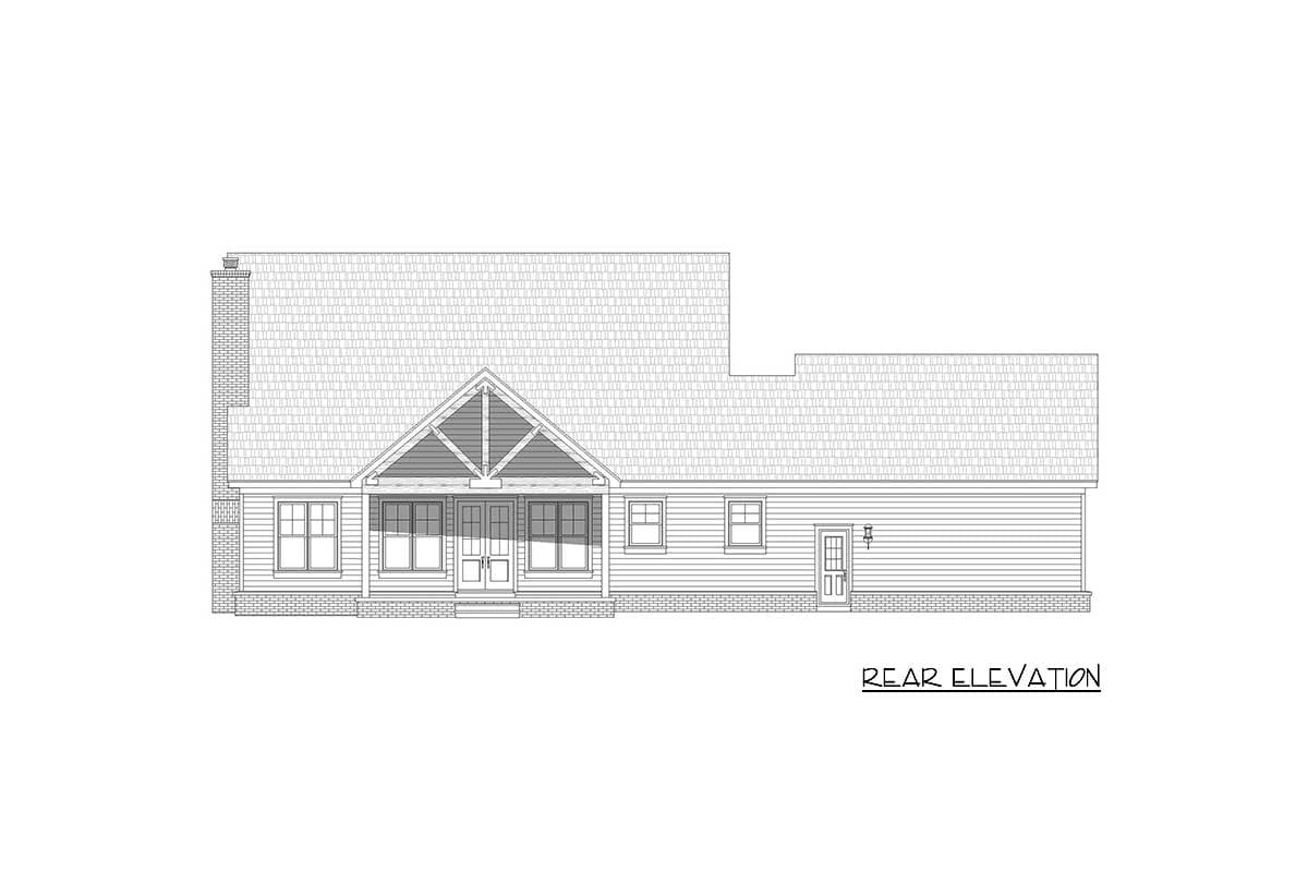Rear elevation drawing of a house plan featuring a prominent gable with exposed rafters over a covered entry, windows, and a brick chimney.