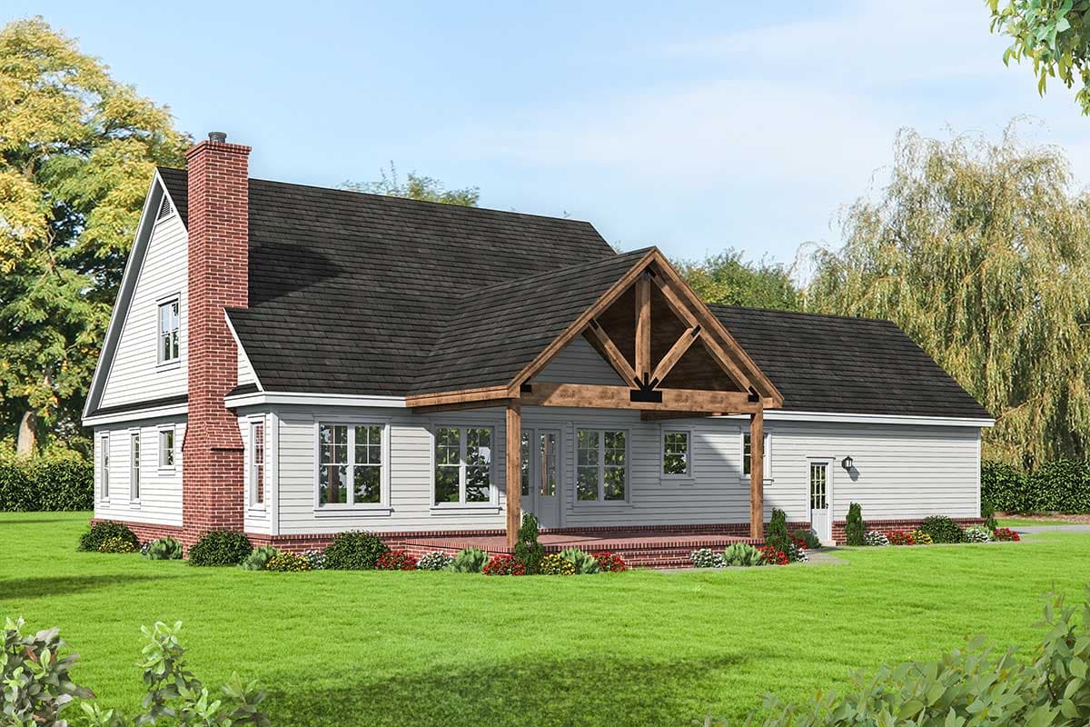 House plan exterior: Single-story home with a prominent brick chimney, gabled roof, and covered porch with exposed timber trusses.