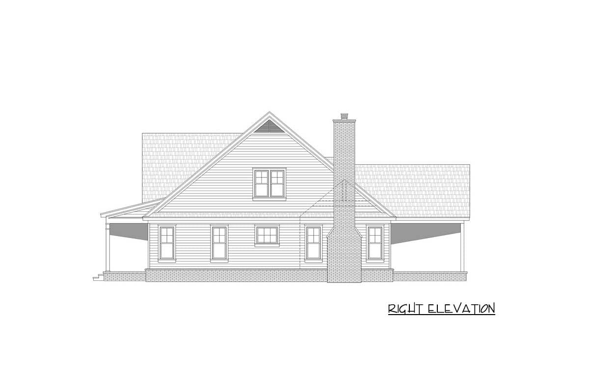 Right elevation drawing of a house plan featuring a prominent brick chimney, dormer window, and covered porch.