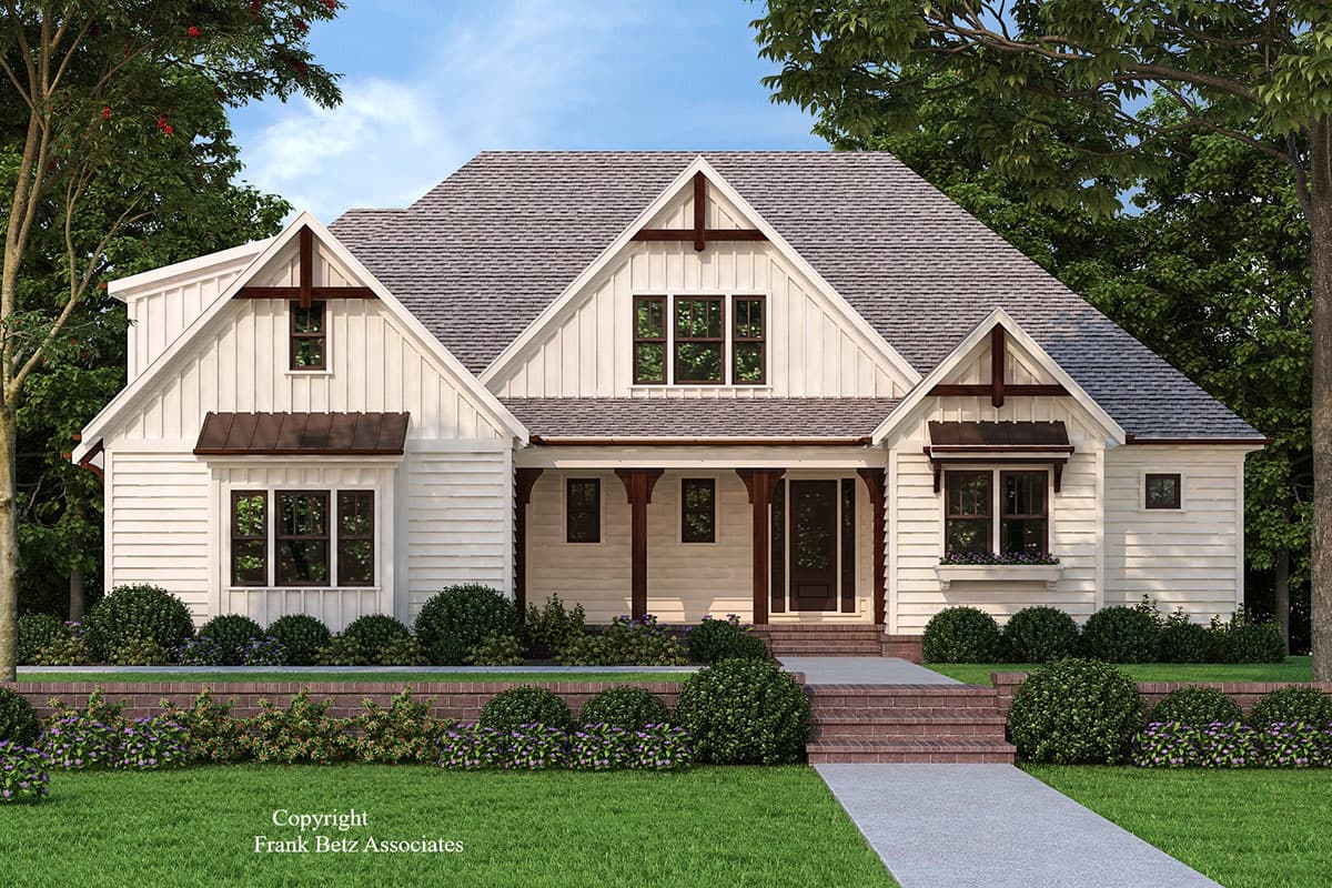 Modern Farmhouse house plan exterior with prominent gables, board and batten siding, and covered entry porch.