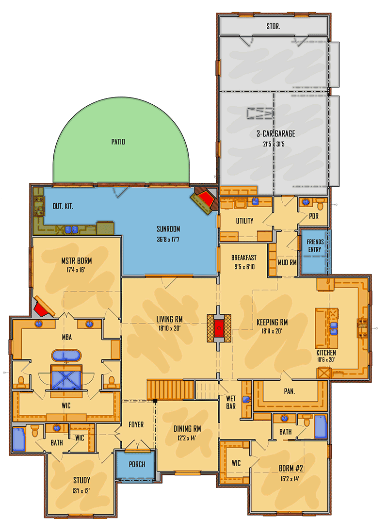Plan 510143WDY: Exclusive 2-Story Acadian House Plan with 2-Sided Fireplace - Floor Plan - Main Level - Acadian, French Country, Louisiana-Style, Southern, Transitional