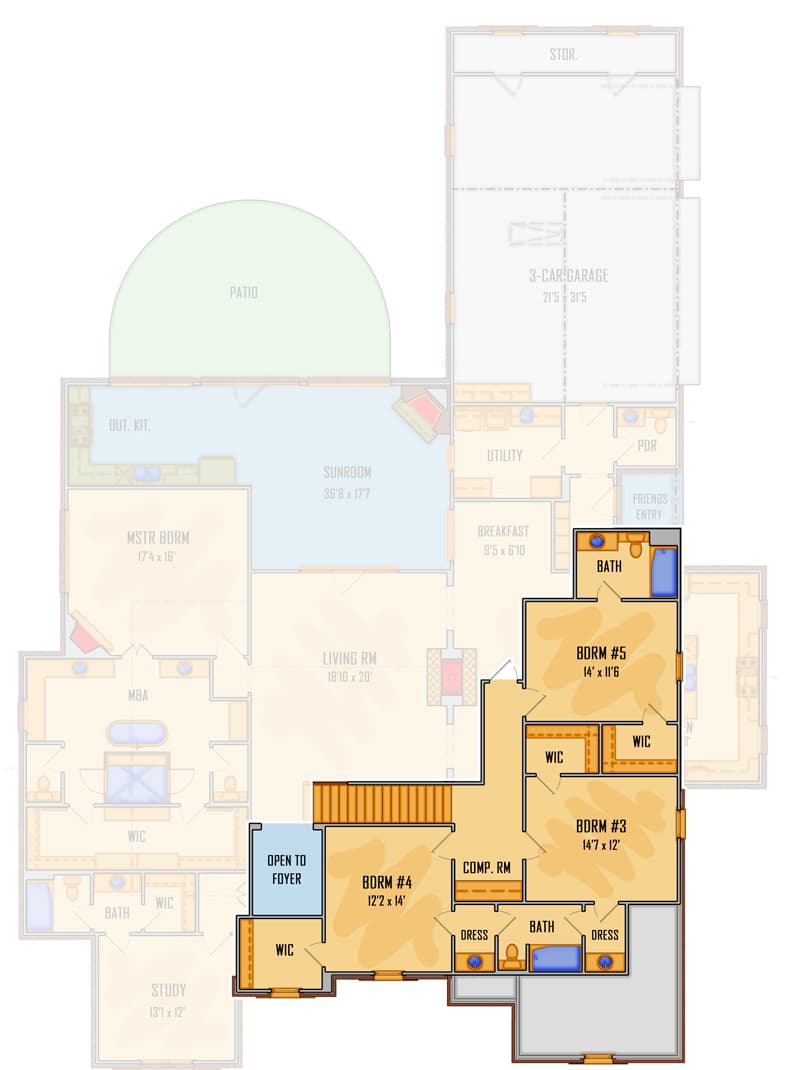 Plan 510143WDY: Exclusive 2-Story Acadian House Plan with 2-Sided Fireplace - Floor Plan - 2nd Floor - Acadian, French Country, Louisiana-Style, Southern, Transitional