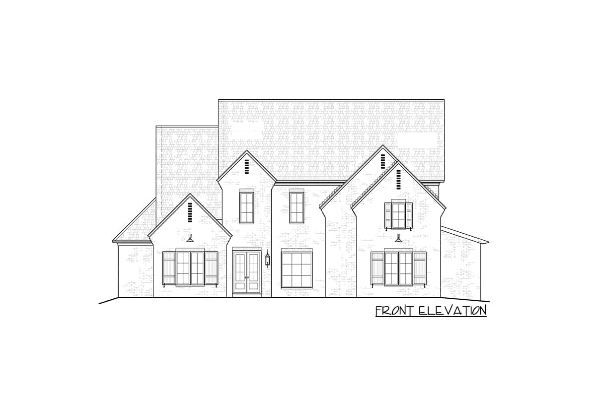 Front elevation drawing of a two-story brick house plan with multiple gables, varied window sizes, and shutters.