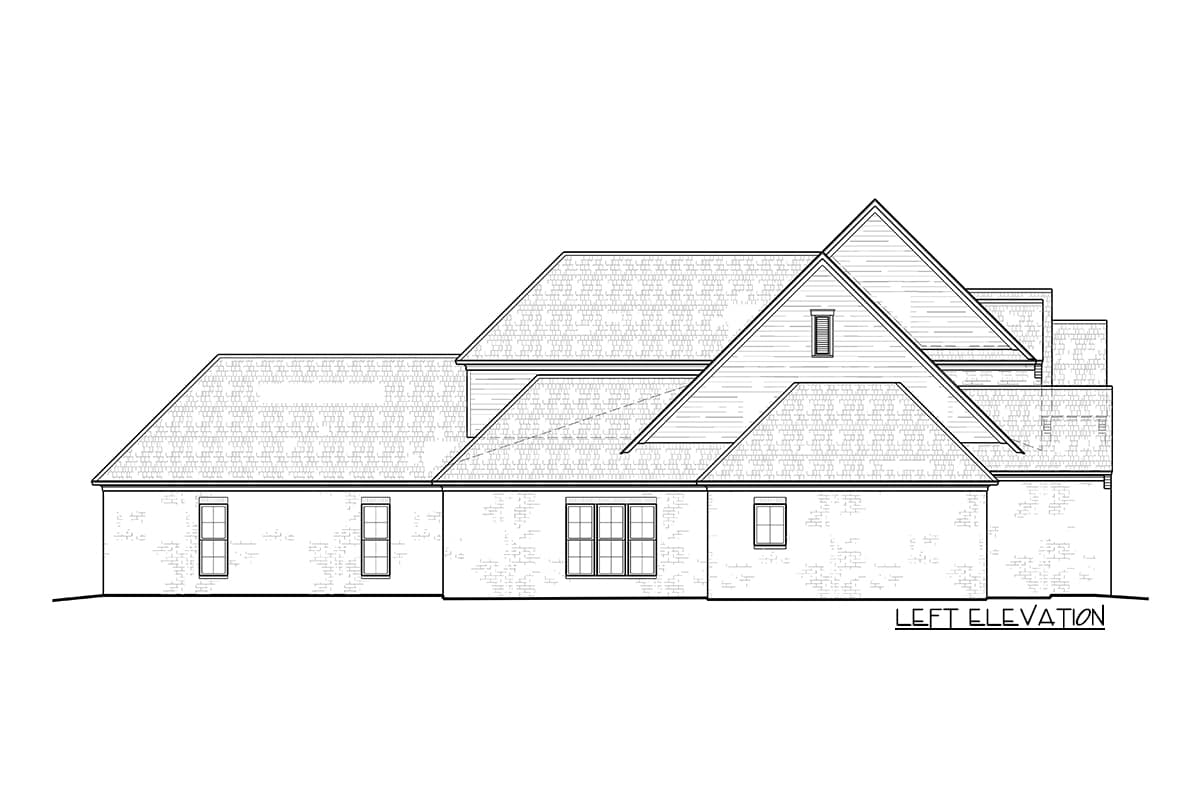 Left elevation of a house plan, showing varied rooflines, multiple gables, and several windows.