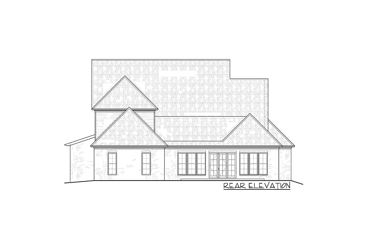 Rear elevation of a house plan featuring multiple gables, symmetrical windows, and French doors.