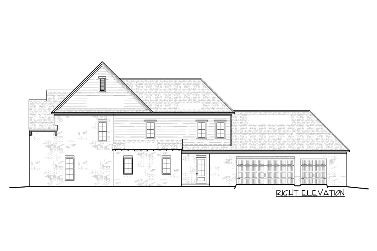 House plan right elevation drawing showing a two-story home with a gabled dormer, brick and horizontal siding, and a three-car garage.