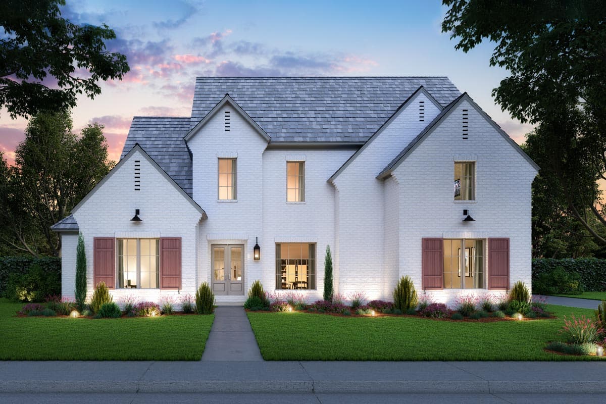 House plan exterior with two stories and a gable roof. Features include gables, dormers, and shuttered windows, brick exterior, and a central entry.