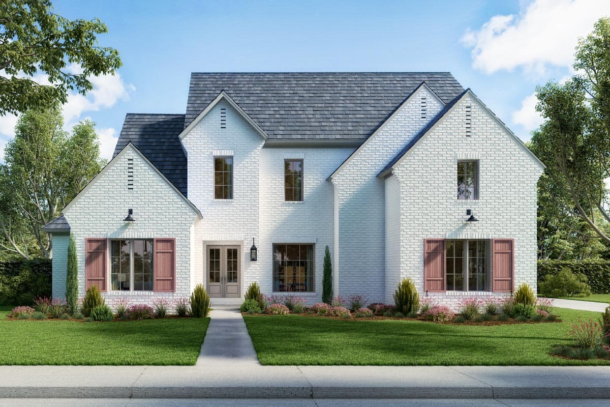 House plan exterior: two-story white brick home with gables, dormers, dark roof, and double front doors.