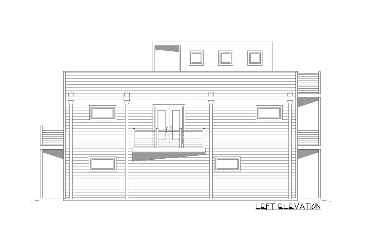 Left elevation house plan showing a modern, multi-story structure with horizontal siding, a central balcony, and multiple windows.