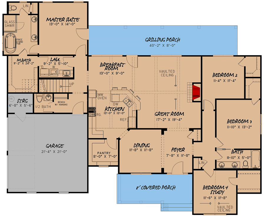 Plan 70661MK: Contemporary Farmhouse Plan with Vaulted Great Room and Split Bedroom Layout - Floor Plan - Main Level - Country, Farmhouse