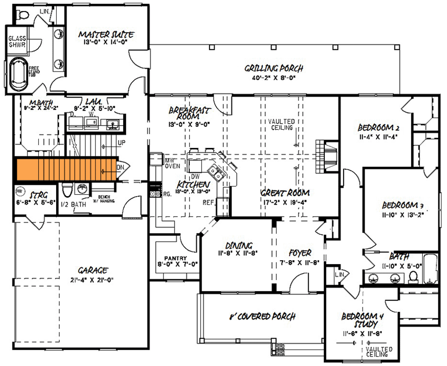 Plan 70661MK: Contemporary Farmhouse Plan with Vaulted Great Room and Split Bedroom Layout - Floor Plan - Basement Stairs Location - Country, Farmhouse