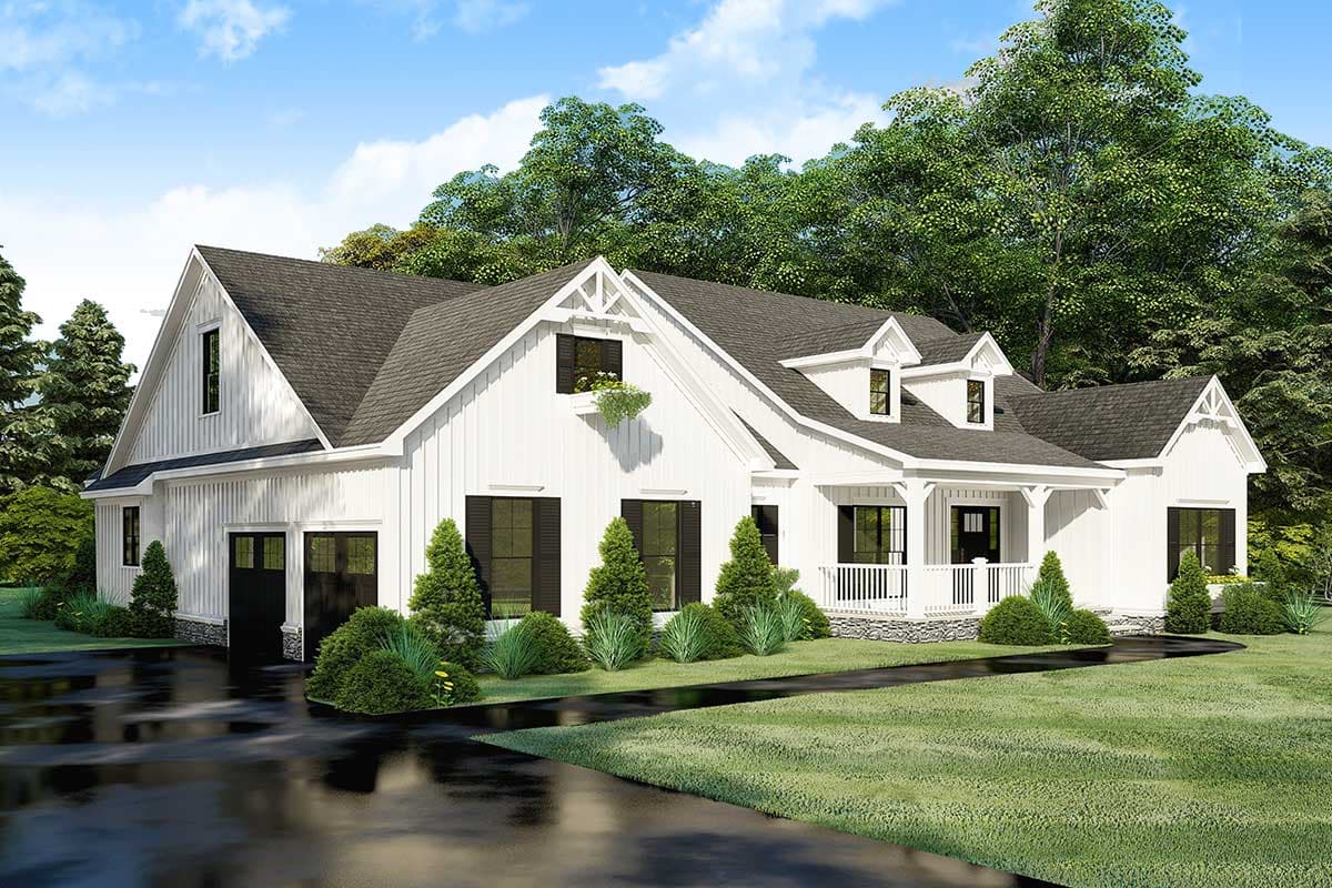 Modern Farmhouse house plan exterior with board and batten siding, prominent gables, dormers, and a covered front porch.