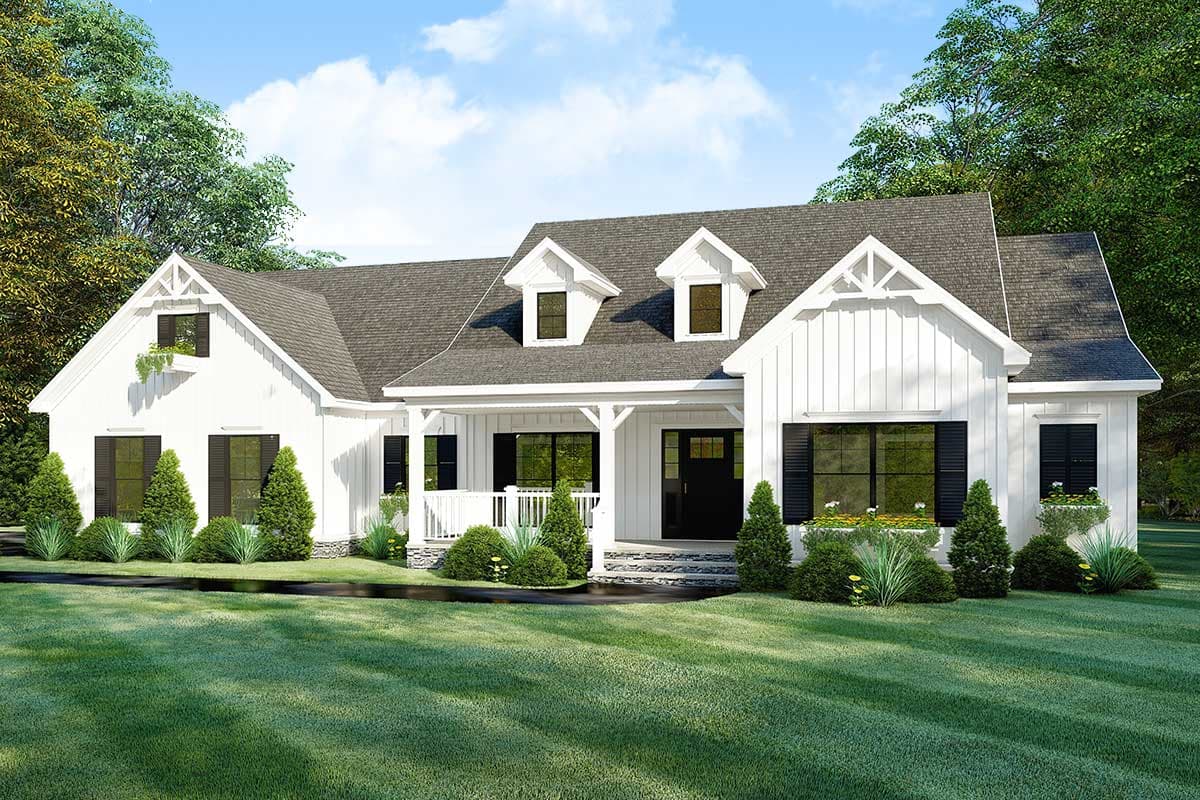 House plan exterior. Farmhouse style with a front porch, two dormers, and a gable roof. One-story home with black shutters and trim.