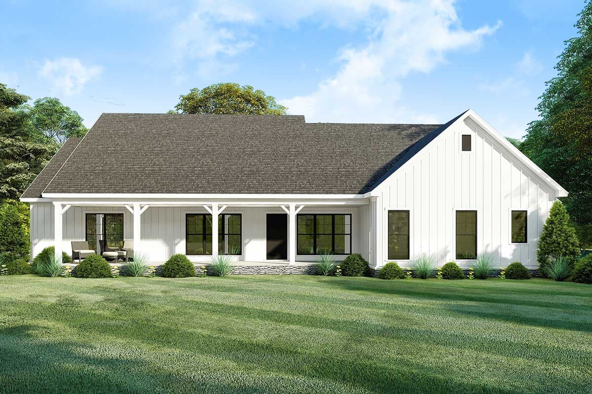 House plan exterior: Modern Farmhouse style, one-story with wraparound porch, gabled roof, and board and batten siding.