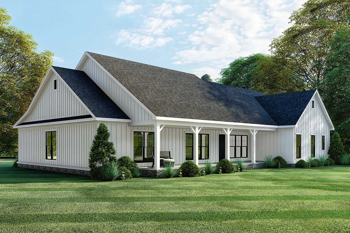 Modern Farmhouse house plan exterior with board and batten siding, a covered front porch with columns, and prominent gables.