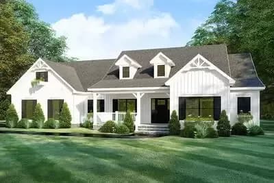Contemporary Farmhouse Plan with Vaulted Great Room and Split Bedroom Layout