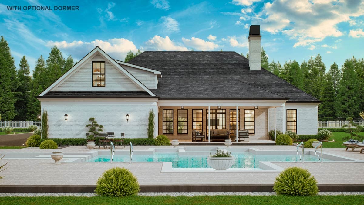 House plan exterior: Modern Farmhouse style, one story with gables, dormer, covered porch, and pool.