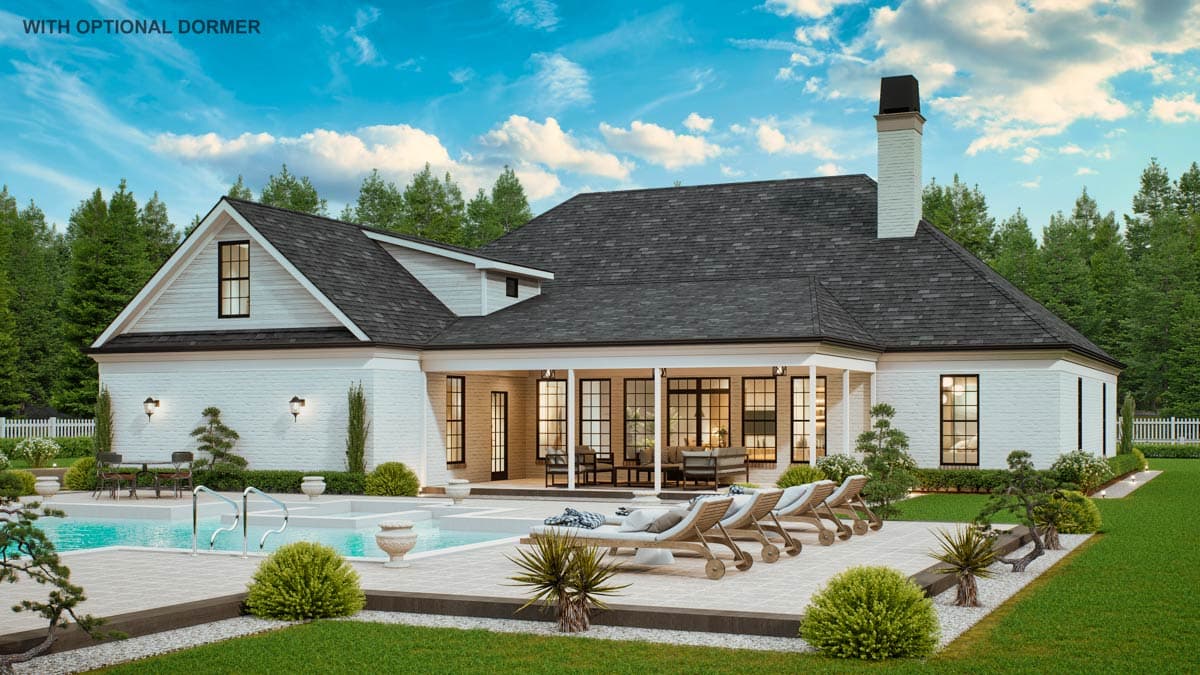 House plan exterior: Modern farmhouse style, one story with prominent gables, covered porch with large windows, and brick facade.