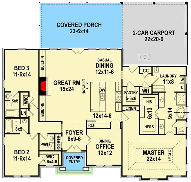 Plan 12318JL: 3-Bed Traditional House Plan with 2-Car Carport in Back - Floor Plan - Main Level - European, French Country, Ranch, Southern, Traditional
