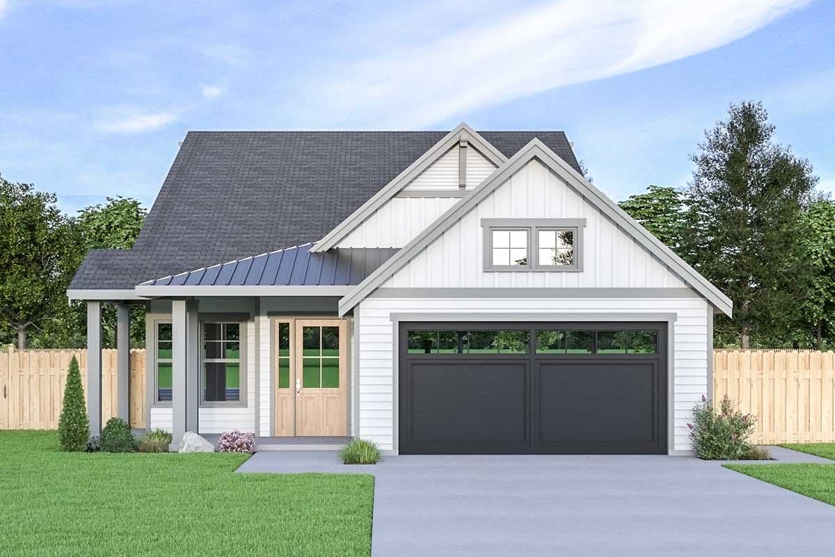 House plan exterior. Craftsman style, single story. Features include a front-facing garage, gabled roof, and a covered porch with supporting columns.
